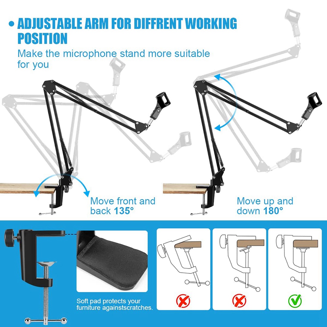 Microphone Arm Boom - NALFI-Mikrofonständer, verstellbarer Schreibtisch-Aufhängungs-Scherenarm, Mikrofonarm für Blue