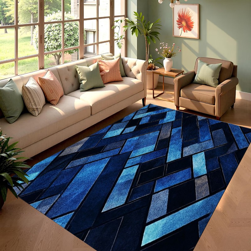 Esports Gaming Hotel - Nordischer Blauer Geometrischer Patchwork-Teppich Rutschfester Weicher